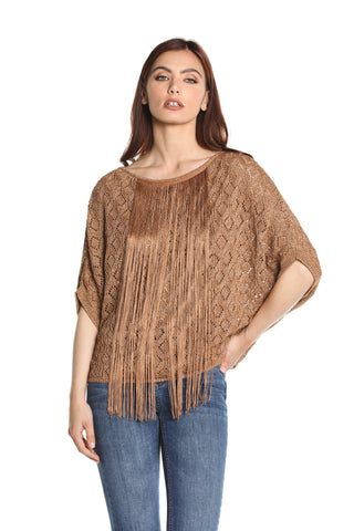 LINFAT half-sleeve kimono sweater with crochet stitch plus lurex plus fringes