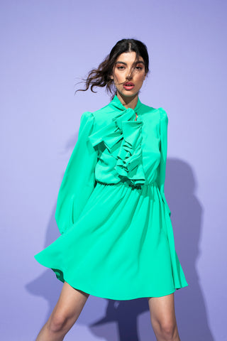 Abito YASUKO corto manica lunga con arricci colletto con fusciacca più scollo v con rouches