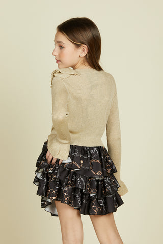 UNAKITE long-sleeved ruffle sweater with ruffles with lurex button