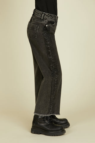 CIASY trousers 1 bottle 5ts.large fringed rhinestone bands in black denim