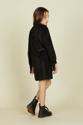 GHOBIN short long sleeve dress with full rhinestone fringes