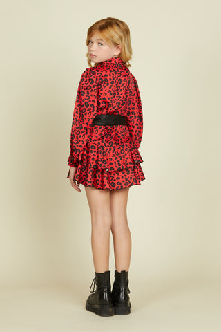 ARTHUR/A dress in spotted pattern, short, long sleeves with buttons and rhinestone buckle belt