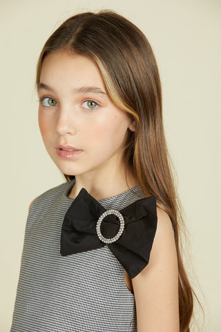 BEEMOV short sleeveless dress with houndstooth rhinestone buckle bow
