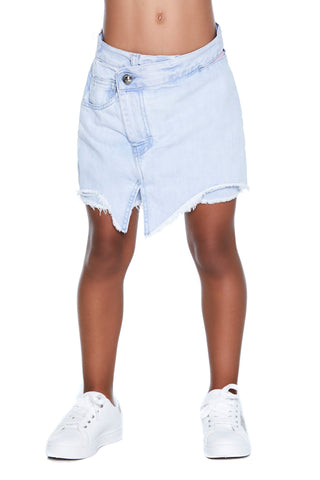 Short ILLUSION abbottonatura trasversale più apertura più spacco sfrangiato denim