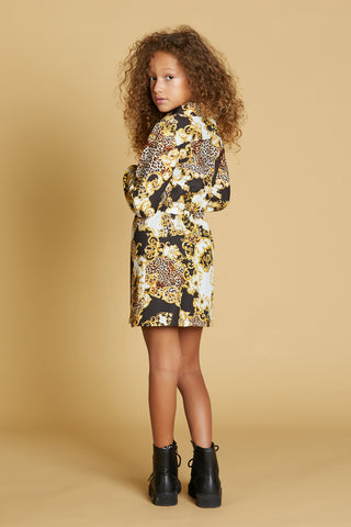 Short AURIGA dress with bot. plus lurex inserts plus spotted scarf drawstring