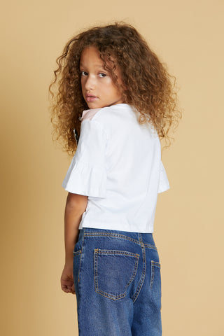 APUS short s/m ruffle t-shirt with print plus shoulder buttons and rhinestone brooch