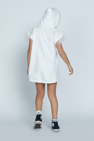 Abito ECHIUM corto mezza manica piume più cappuccio più logo grande relish