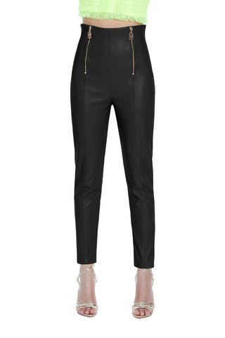 Panta SHOKEN  vita alta stretto doppia zip davanti più impunture ecopelle