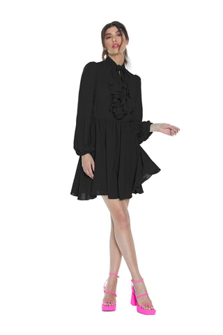 Abito YASUKO corto manica lunga con arricci colletto con fusciacca più scollo v con rouches