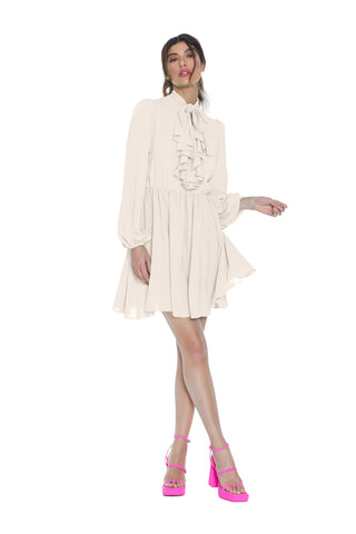 Abito YASUKO corto manica lunga con arricci colletto con fusciacca più scollo v con rouches