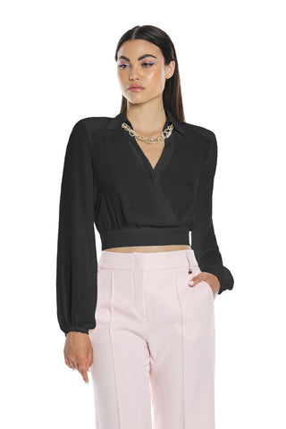 ALCYONE blouse with long sleeves, crisscross neckline and chain necklace and bow on the back