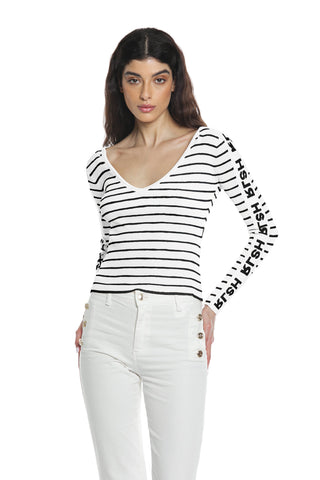 Maglia AMBRA manica lunga con logo scollo v righe costina