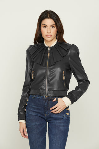ANDREA long-sleeved jacket with ruffles plus zip and elasticated eco-leather bottom
