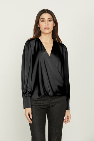 ASELLUN blouse long sleeve asymmetric crossover neckline satin