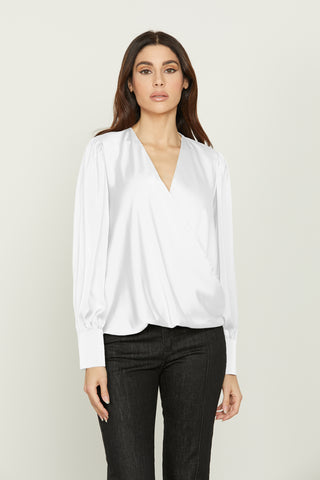 ASELLUN blouse long sleeve asymmetric crossover neckline satin
