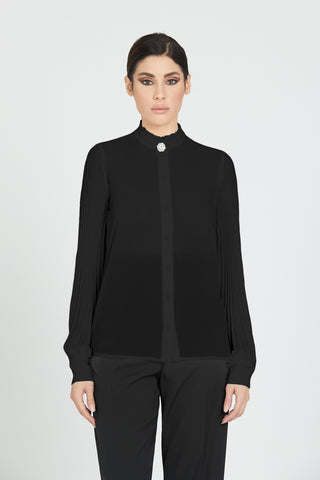 ATLANTIDE long-sleeved pleated shirt with mandarin collar and jewel button