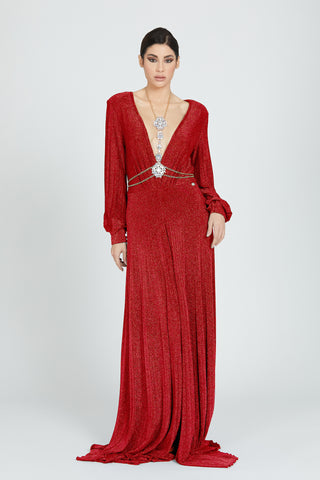 BATURA dress with deep v-neck, long sleeves and lurex rhinestone necklace