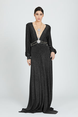 BATURA dress with deep v-neck, long sleeves and lurex rhinestone necklace