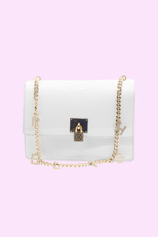 MIRROR_BIG bag with chain shoulder strap plus logo pendants plus patent clasp