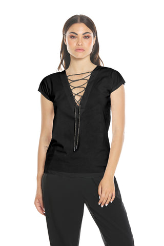 CETUSIN half-sleeved V-neck t-shirt with rhinestone lace