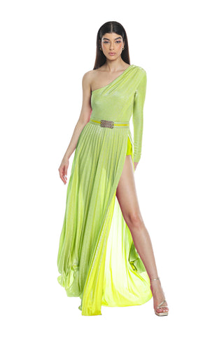CIANITE one-shoulder long-sleeved dress with pleated lurex belt