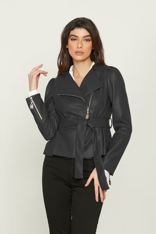 CORAGGIO jacket with long puff sleeves with transversal zip plus pleats and eco-leather belt