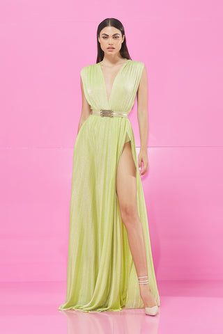 GRAZIK_Long sleeveless dress, deep sc.v. with tulle back and pleated lurex belt