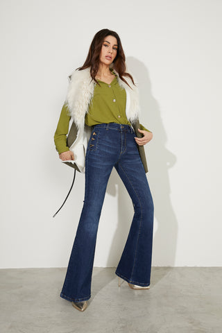 MAYU high-waisted flared trousers with pockets plus flaps and denim buttons