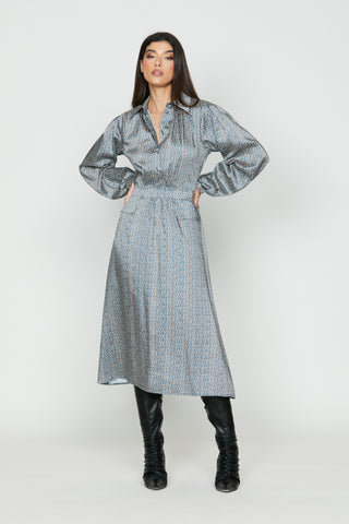 Abito TESSA midi manica lunga scollo camicia c più patte raso più stampa geometrica