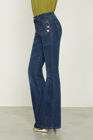 MAYU high-waisted flared trousers with pockets plus flaps and denim buttons