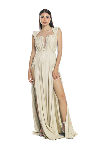 DEVI_A long dress with back neckline and star chain necklace plus pleated lurex tulle