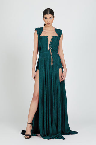 Long DEVI dress with back opening plus chain hanging rings plus lurex pleated tulle