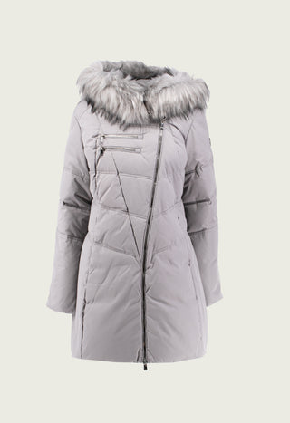 DIESSA_ZIP long-sleeved down jacket with transversal zip and hood with faux fur