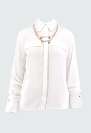 DIRANNE long sleeve shirt with satin facing and pearl and rhinestone letter necklace
