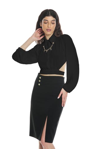 DOLLE short blouse with long puff sleeves with open back plus sash plus necklace plus pendants