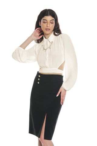 DOLLE short blouse with long puff sleeves with open back plus sash plus necklace plus pendants