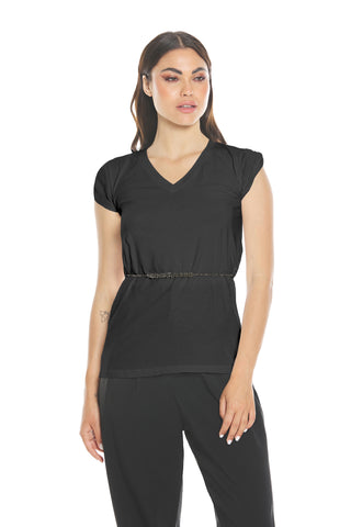 FINGERLIME half-sleeved T-shirt with V-neck loop and rhinestone belt