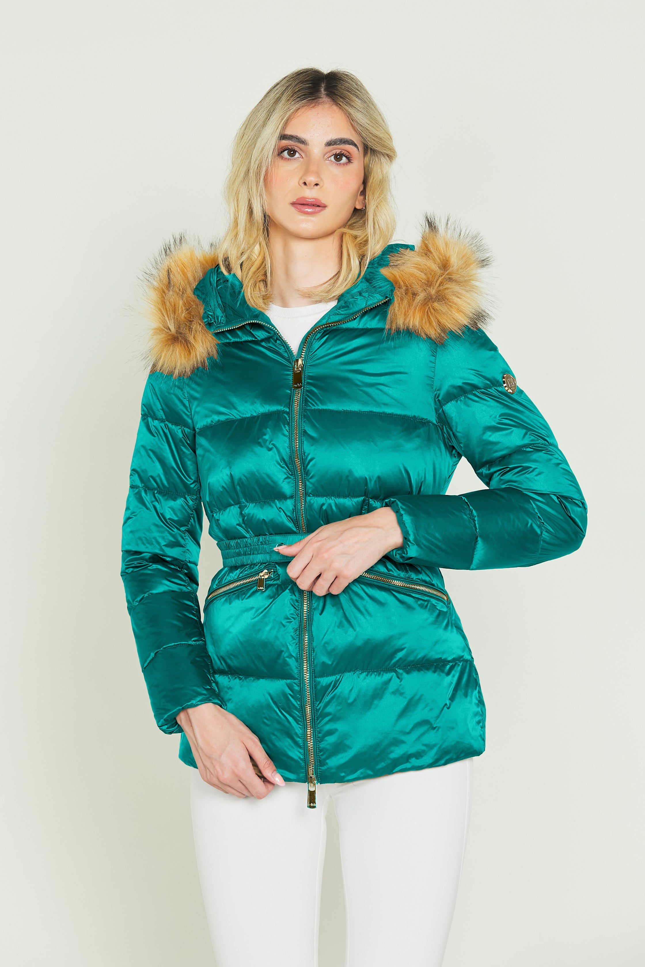 FUYUE long sleeved satin down jacket with hood and faux fur trim and b Relish