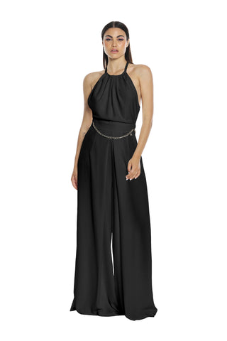 GOLDENA jumpsuit, low-cut top, low crotch, wide leg and chain