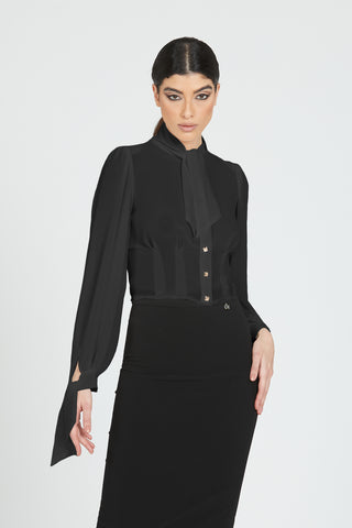 ISTORE short, long-sleeved shirt with sash and pyramid buttons