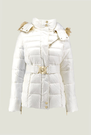 KUNLUN long-sleeved down jacket with hood plus faux fur and belt
