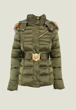 KUNLUN long-sleeved down jacket with hood plus faux fur and belt
