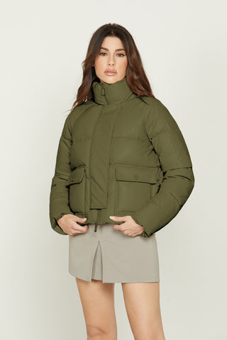 MACARIO long-sleeved down jacket with pockets, drawstring, zip and eco-leather buttons