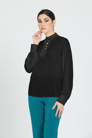 MUKUT long sleeve blouse with bows, V-neck back