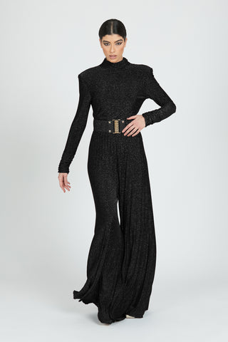 MUSTAGH long-sleeved jumpsuit with gathered collar. Plus belt opening behind lurex pleats