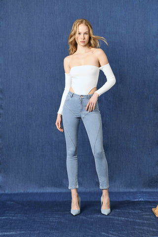 NAOMI_2 high-waisted 4-pocket trousers with push-up effect cuts, denim blue