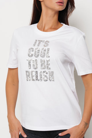 T-shirt MONREA mezza manica con scritte paillettes
