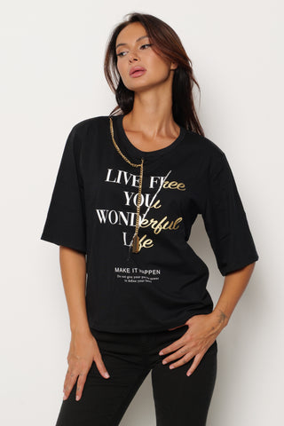 T-shirt HAPPEN mezza manica con catena più placca logo più stampa