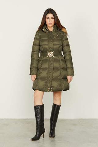 PARBAT long-sleeved down jacket with hood with faux fur and belt