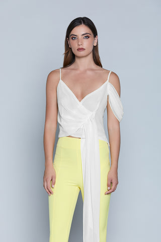 JASMINE short one-shoulder half-sleeved top with pleats and sash 